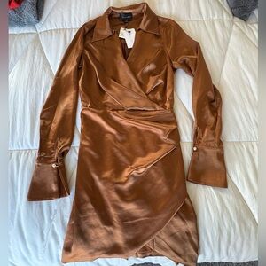 Line & Dot Bella Satin Wrap Dress in Carmel